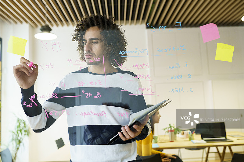 拿着写字板在办公室玻璃墙上书写的卷发创意商人图片素材