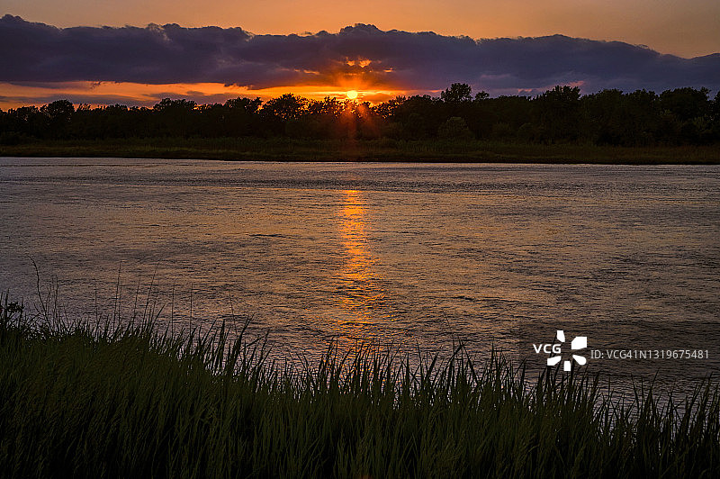 内布拉斯加州吉本桥附近普拉特河沿岸树后的日落图片素材
