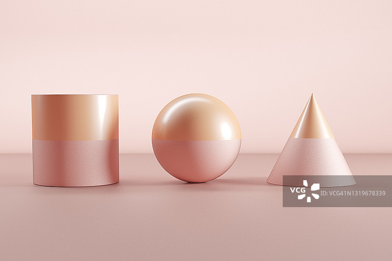 粉橙色球体、锥体和圆柱体的3D渲染图片素材