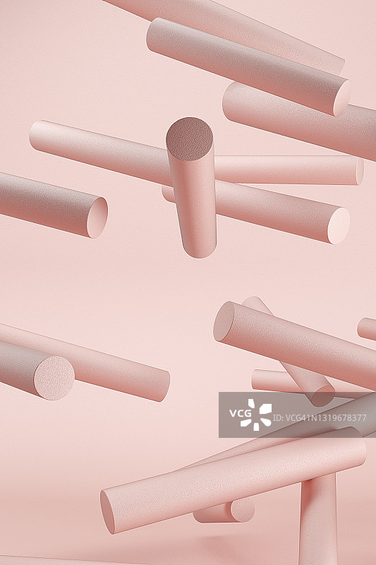 粉色几何圆柱体在粉色背景上漂浮的三维渲染图片素材