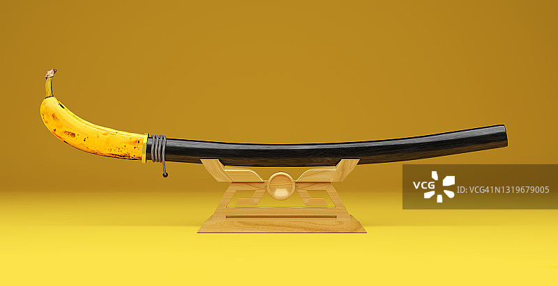 香蕉插在胁差鞘中，展示在刀架上的影棚写真图片素材