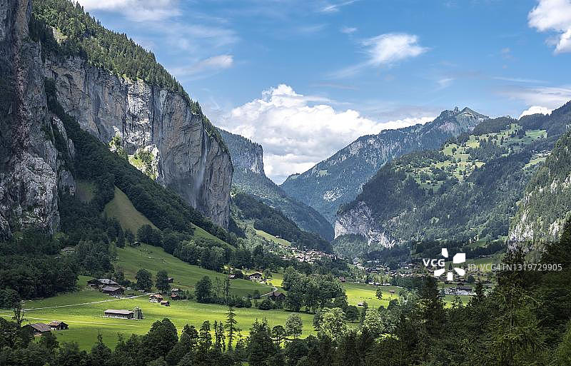瑞士伯尔尼州少女峰地区劳特布龙嫩施陶河瀑布山谷图片素材
