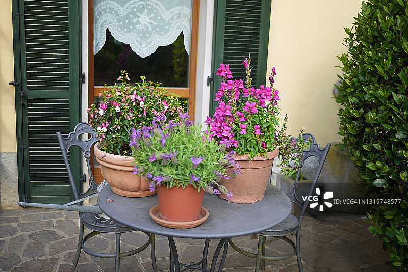 后花园一角：桌子、花盆、厨房门图片素材