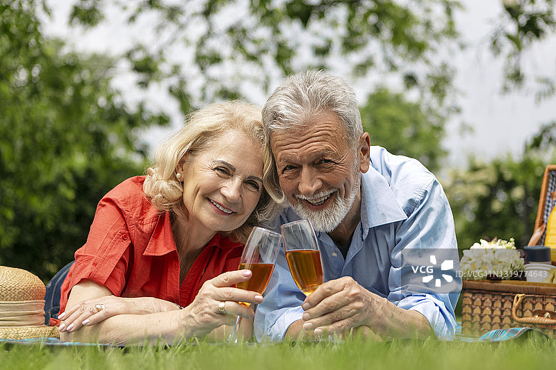 在野餐时享受白葡萄酒并看向镜头的浪漫老年夫妇图片素材