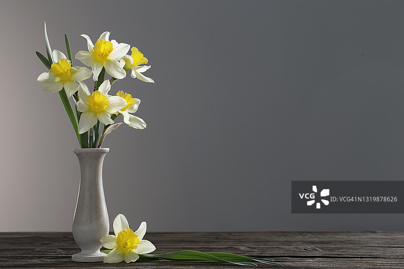 深色背景木桌上的花瓶中黄色水仙花图片素材