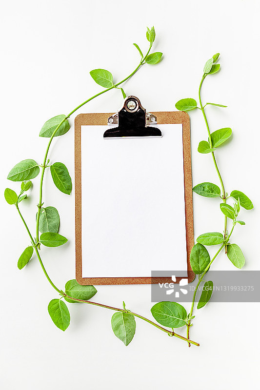白色背景上带绿叶的空白剪贴板，家居办公室桌面概念图片素材