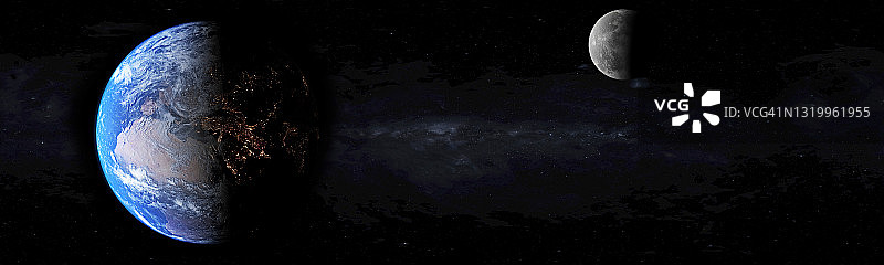 从太空看地球日出与远处的月亮全景图片素材