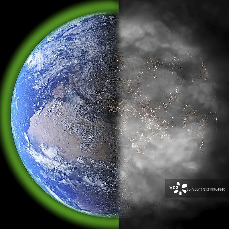 从太空看到的地球，一半清洁，一半污染的概念图片素材