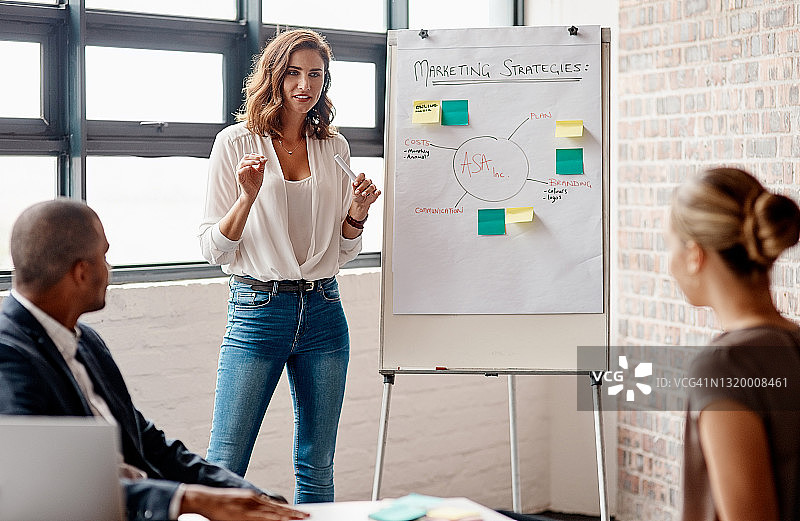 年轻女商人向办公室同事做演示图片素材