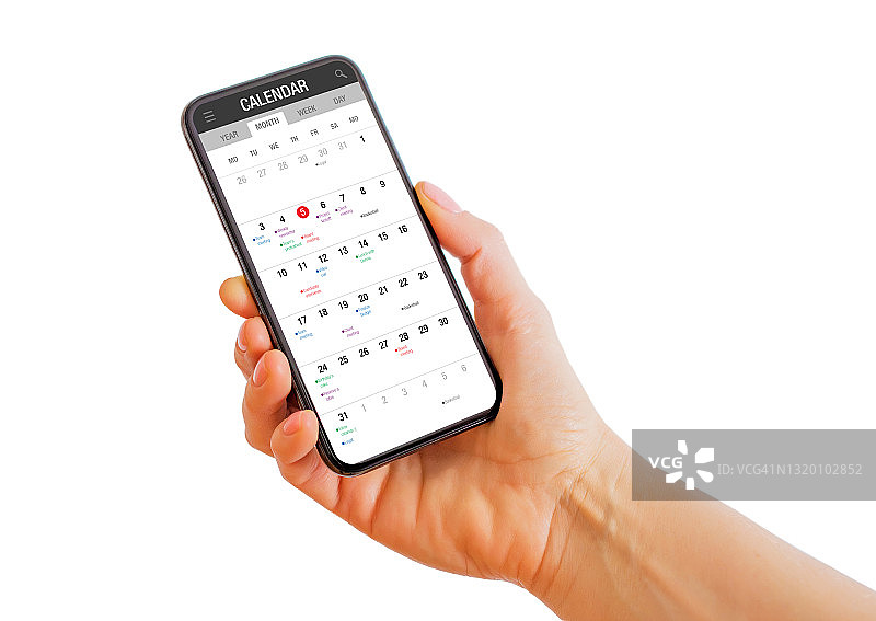 手持显示日历应用程序手机的人图片素材