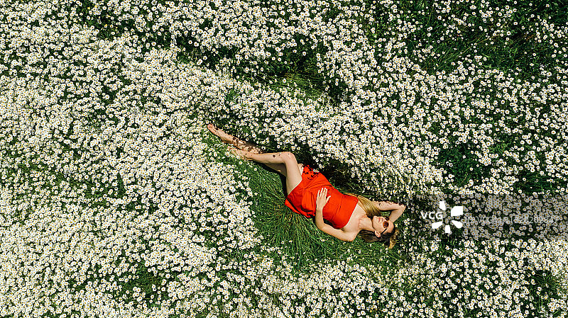 躺在花田里的美丽女人图片素材