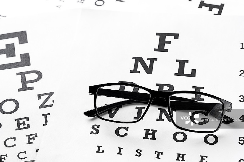 视力检测表上的黑色透明时尚眼镜图片素材