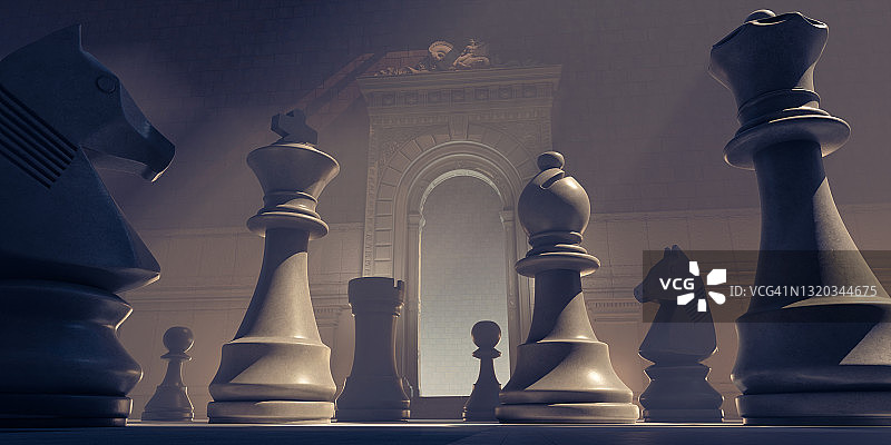 华丽古建筑内的巨型国际象棋棋子图片素材