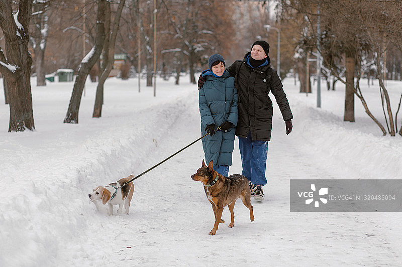 微笑情侣带狗在公园散步图片素材