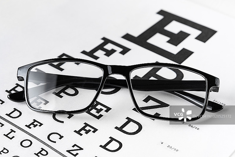 视力检测表上的黑色透明时尚眼镜图片素材