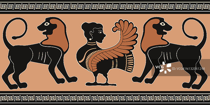 古希腊米诺斯风格的海妖与狮子希腊装饰图片素材