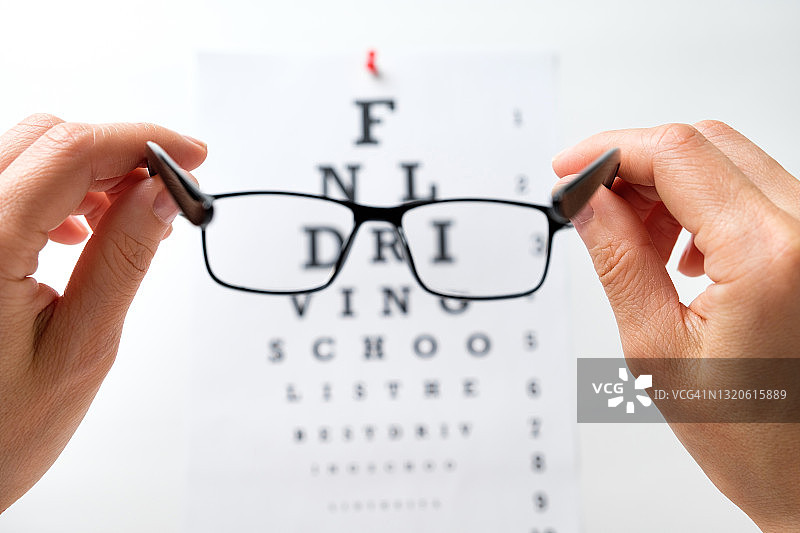女士手中的时尚眼镜与视力检查表，眼科视力测试图片素材