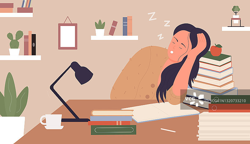 疲惫的女孩，学习疲惫，年轻女子在书旁睡觉，坐在桌旁图片素材