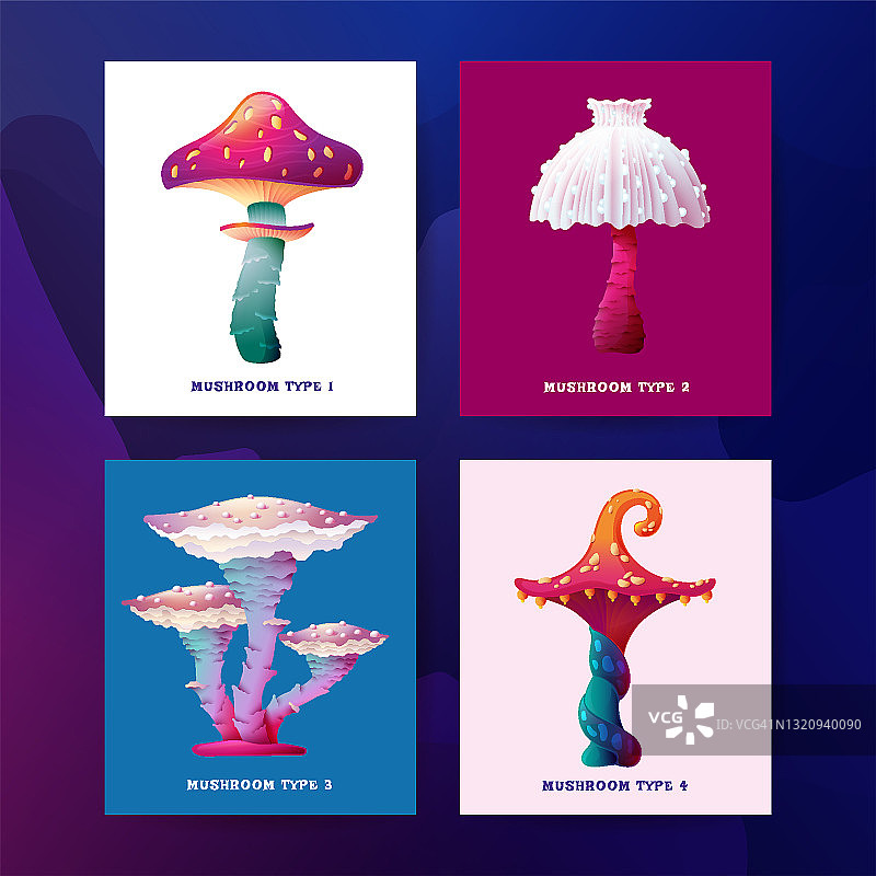 彩色奇幻魔法蘑菇矢量明信片合集：发光真菌和外星植物，适用于游戏设计和礼品标签图片素材
