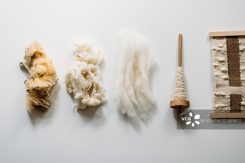 五个阶段：原羊毛、洗过的羊毛、梳过的羊毛、纱线和地毯图片素材