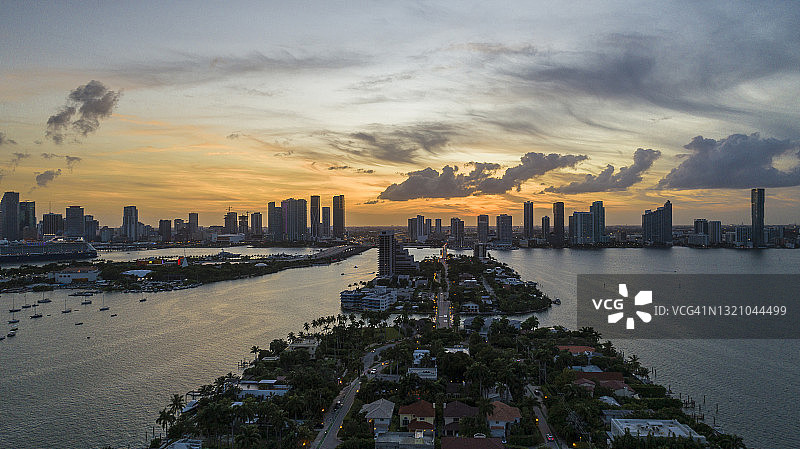 美国佛罗里达州迈阿密威尼斯群岛的壮丽日落鸟瞰图片素材