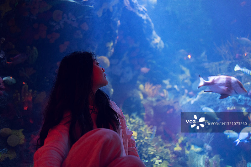 在水族馆里看着鱼的女人图片素材