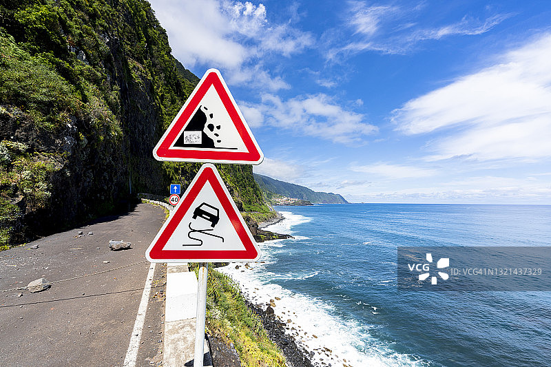 滑坡道路警告标志，马德拉图片素材