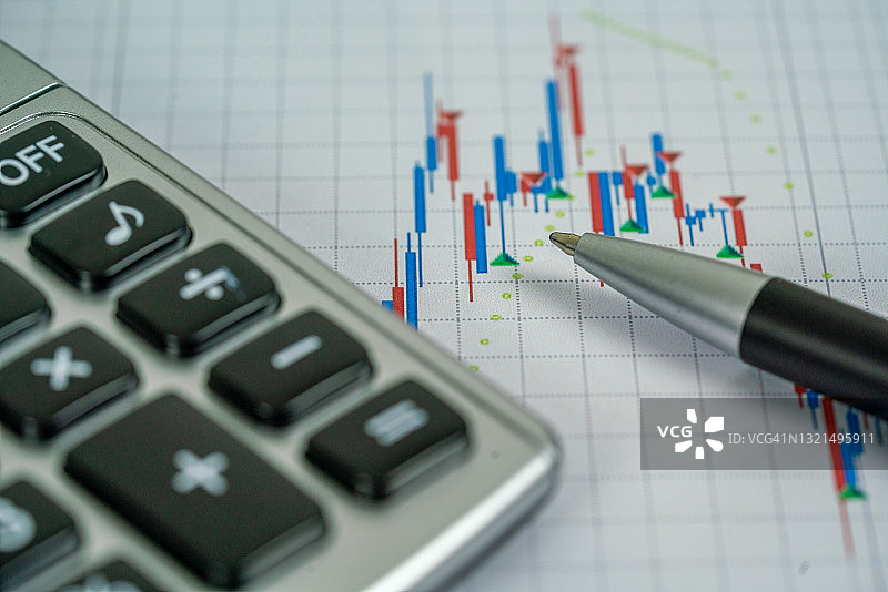 计算器、笔和总结报告，商务规划管理概念图片素材