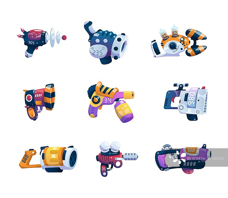 卡通枪支：外星人游戏武器、未来激光枪和爆能枪套装矢量图图片素材