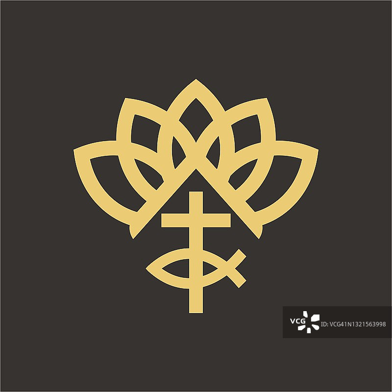 基督教插画：教会标志，耶稣基督的十字架与鱼——古代象征图片素材