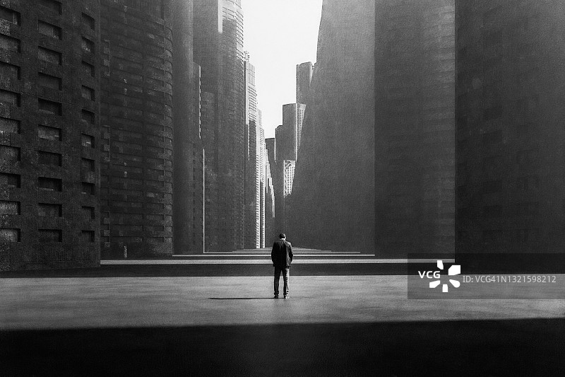 未来都市中孤独悲伤的商人图片素材