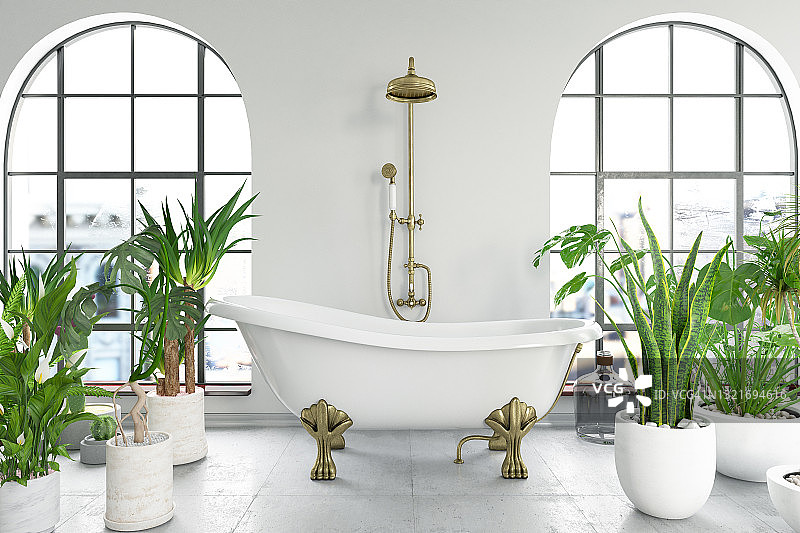 经典浴缸与绿色植物图片素材