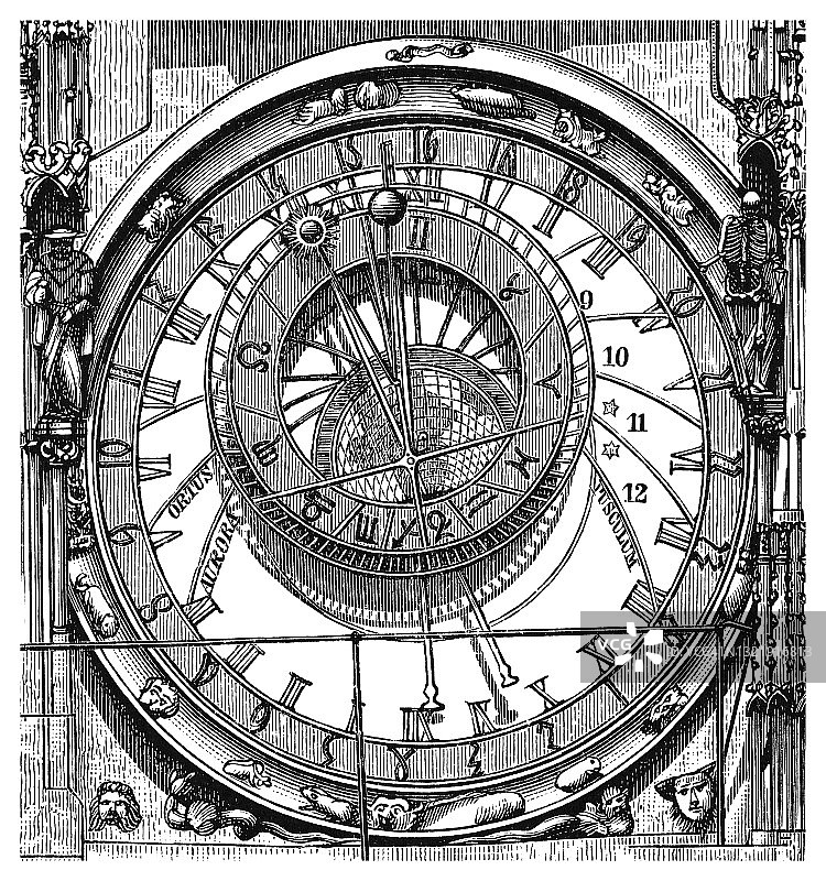 布拉格天文钟古老雕刻插图图片素材
