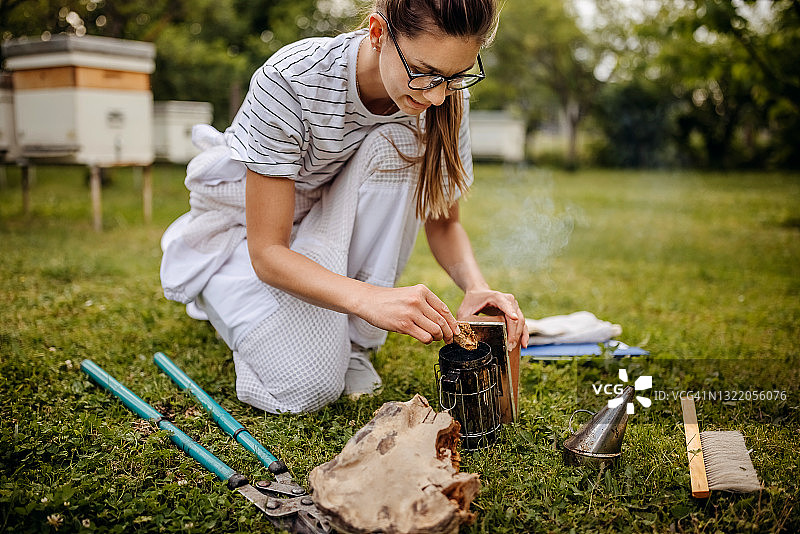 作为养蜂人工作的年轻女人图片素材