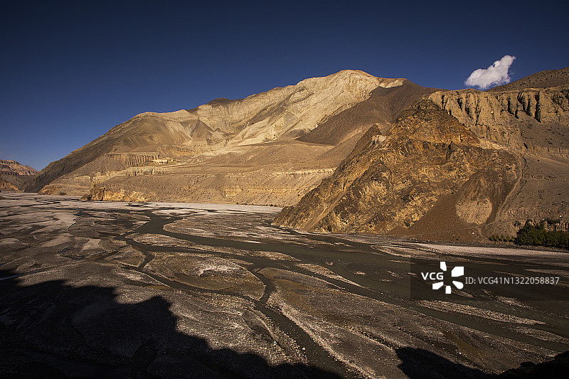 尼泊尔木斯塘地区卡格贝尼的Kali Gandaki河北望上木斯塘藏族聚居区景观图片素材