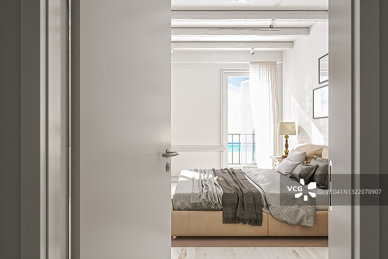 通往经典斯堪的纳维亚卧室的门图片素材