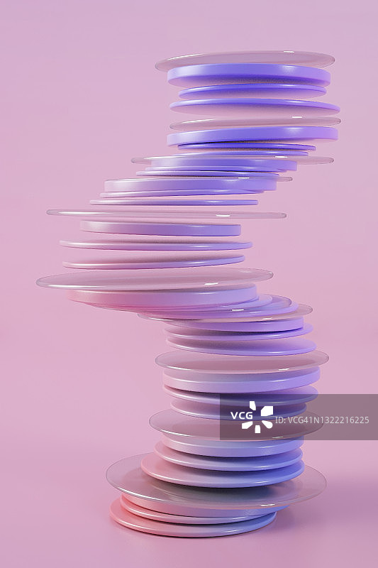 紫色圆环堆叠漂浮在粉色背景上的3D渲染图片素材