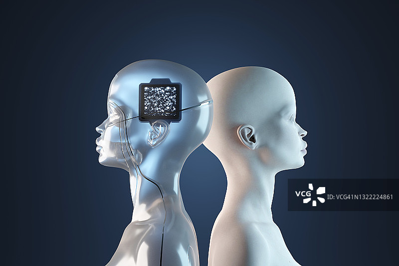 两个女性机器人背对背站立的3D渲染图片素材