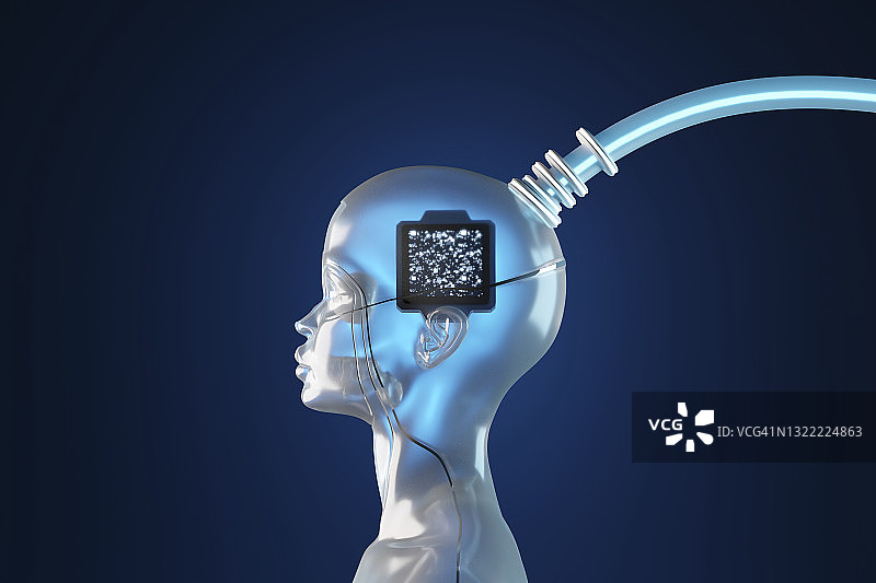 3D渲染女性机器人连接电脑电缆图片素材