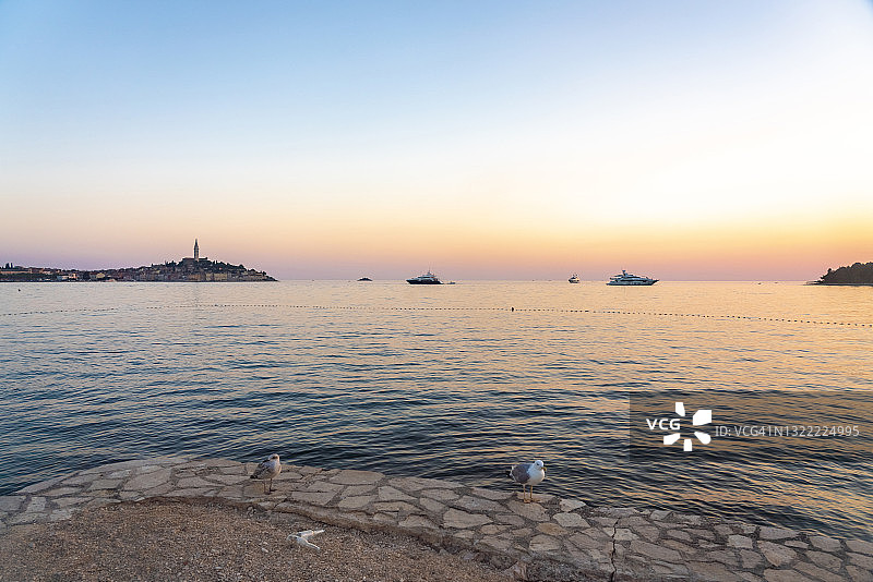 克罗地亚罗维尼海滨城市日落海鸥图片素材