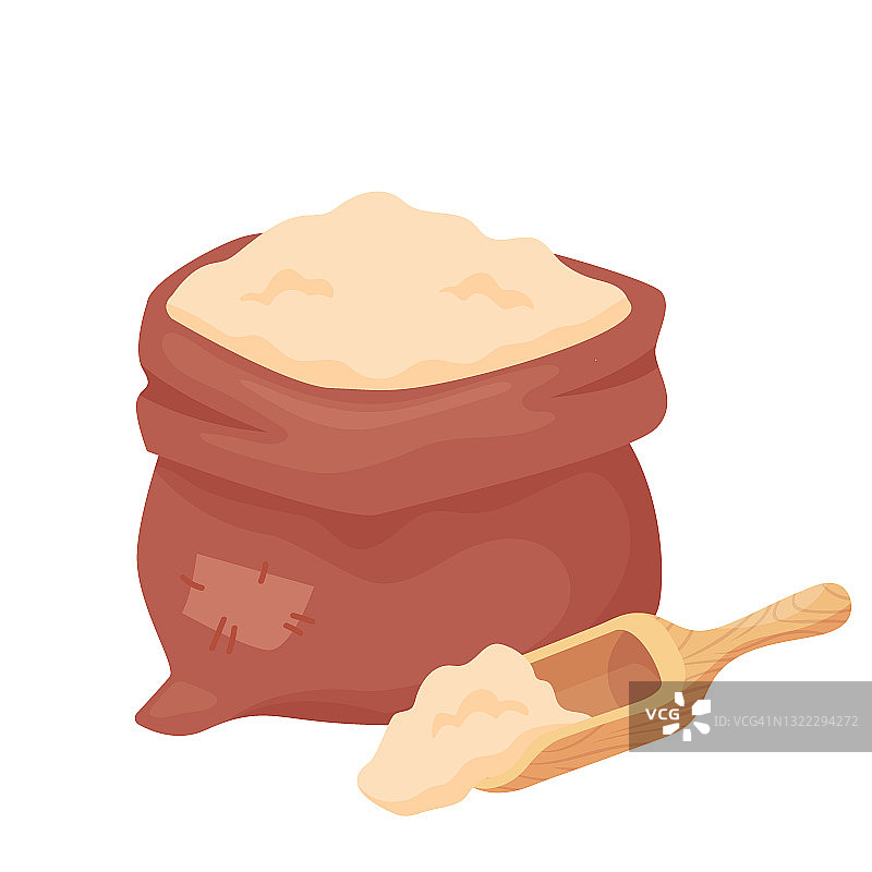 麻袋装小麦粉和木勺（白色背景）。大麦、燕麦、黑麦、小麦粉卡通风格矢量素材图片素材