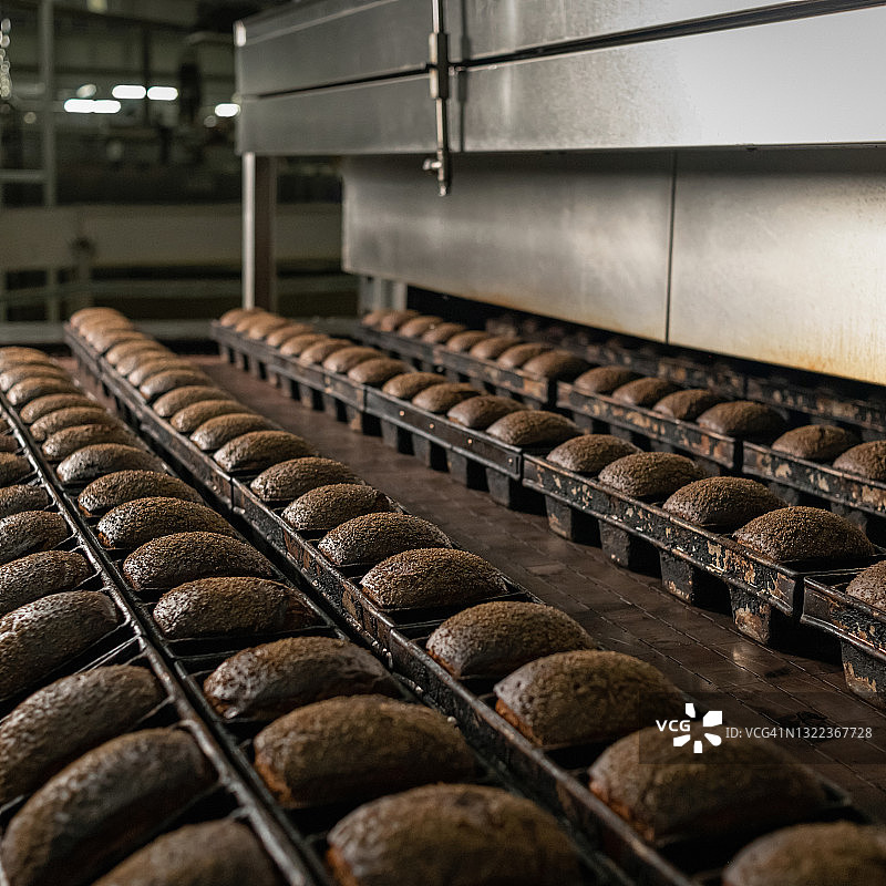 面包烘焙厂：整条深色或黑色面包成行，新鲜烘焙的全麦面包食品概念，适用于社交媒体的正方形或1x1构图，柔焦图片素材