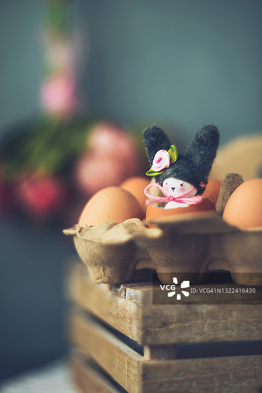 复活节静物：坐在蛋壳里的手工兔子图片素材