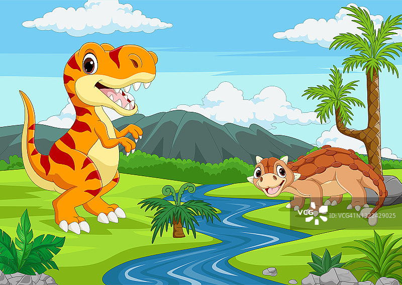 卡通丛林中的两只恐龙图片素材