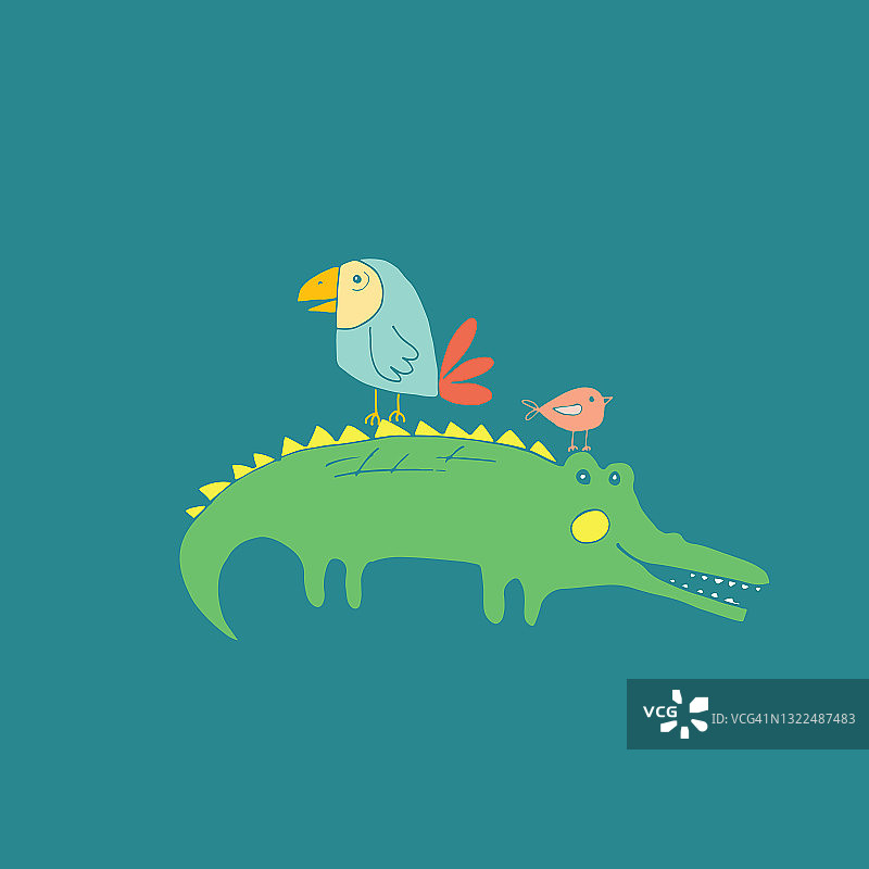 可爱的鳄鱼或短吻鳄与小鸟卡通动物儿童印花设计矢量插画图片素材