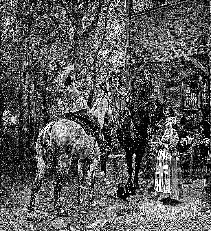 查理二世与亨利·威尔莫特勋爵在英国布罗德温莎的乔治旅馆外，17世纪图片素材