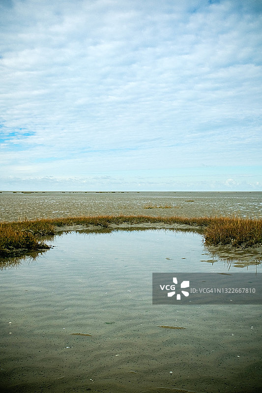 索姆湾河口退潮时显露的植物、沙滩和天空云朵的倒影图片素材