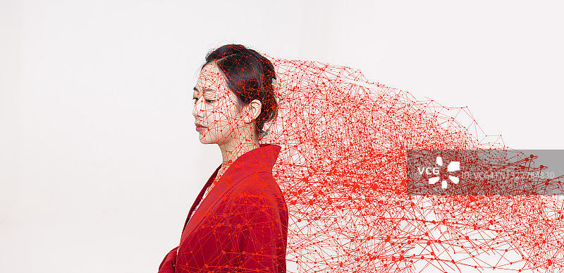 身穿中国传统红色服装的漂亮亚洲女性肖像，隔离背景图片素材