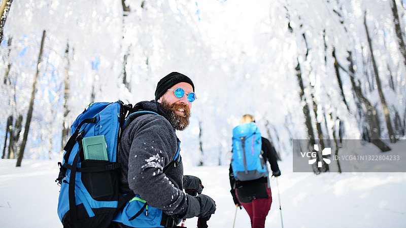 冬季森林中徒步旅行的情侣背影图片素材