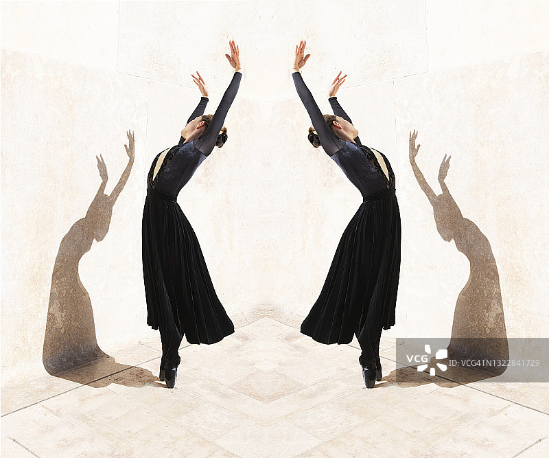 跳芭蕾舞的舞者及其在墙上的影子的克隆图片素材